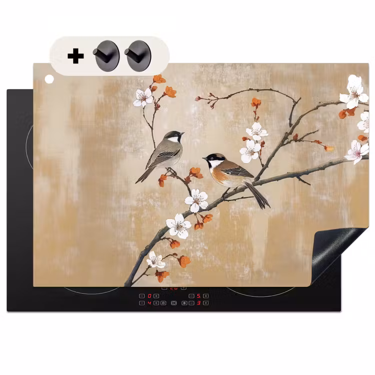 Inductie beschermer en spatscherm (2in1) - Vogels - Bloesemtak - Bloemen - Oranje — 1