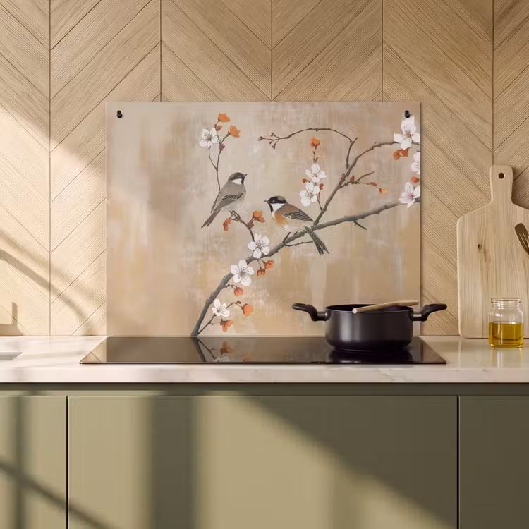 Inductie beschermer en spatscherm (2in1) - Vogels - Bloesemtak - Bloemen - Oranje — 2