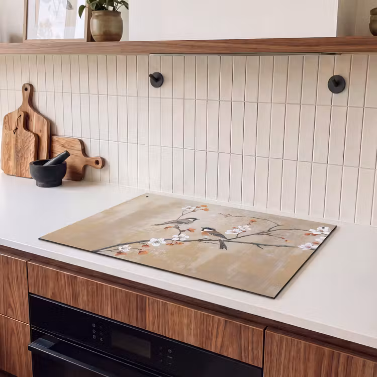 Inductie beschermer en spatscherm (2in1) - Vogels - Bloesemtak - Bloemen - Oranje — 3