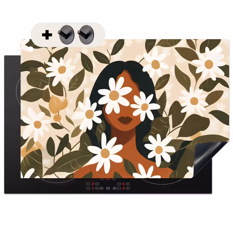 Inductie beschermer en spatscherm (2in1) - Illustratie - Vrouw - Madeliefjes - Wit — 1