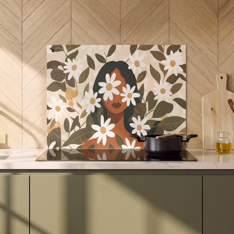 Inductie beschermer en spatscherm (2in1) - Illustratie - Vrouw - Madeliefjes - Wit — 2