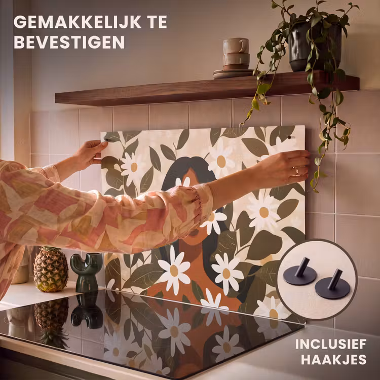 Inductie beschermer en spatscherm (2in1) - Illustratie - Vrouw - Madeliefjes - Wit — 7