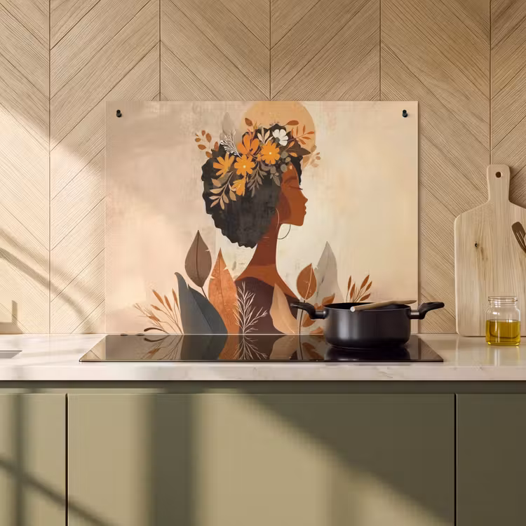 Inductie beschermer en spatscherm (2in1) - Vrouw - Krullen - Bloemen - Beige — 2