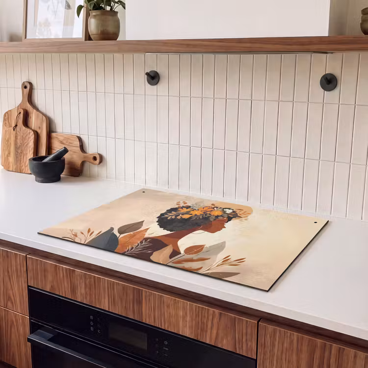 Inductie beschermer en spatscherm (2in1) - Vrouw - Krullen - Bloemen - Beige — 3