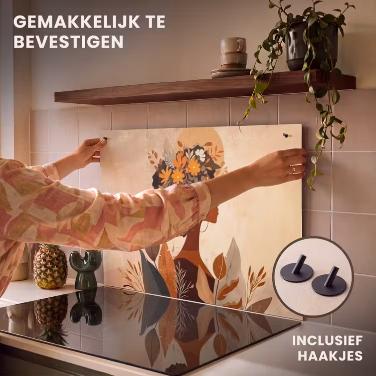 Inductie beschermer en spatscherm (2in1) - Vrouw - Krullen - Bloemen - Beige — 7