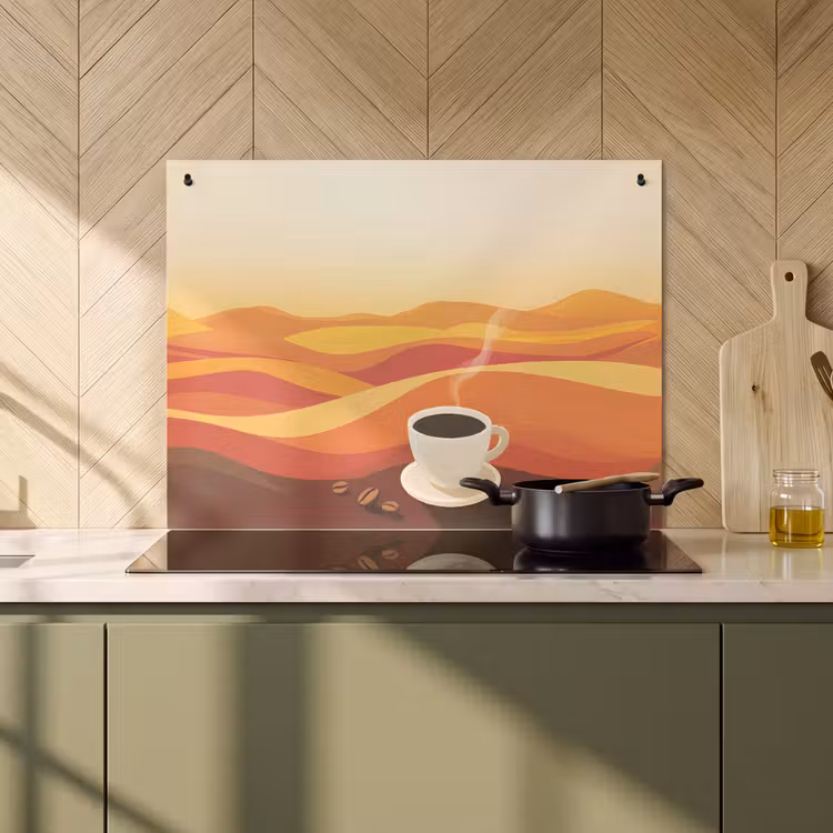 Inductie beschermer en spatscherm (2in1) - Koffie - Landschap - Oranje - Koffiebonen — 2