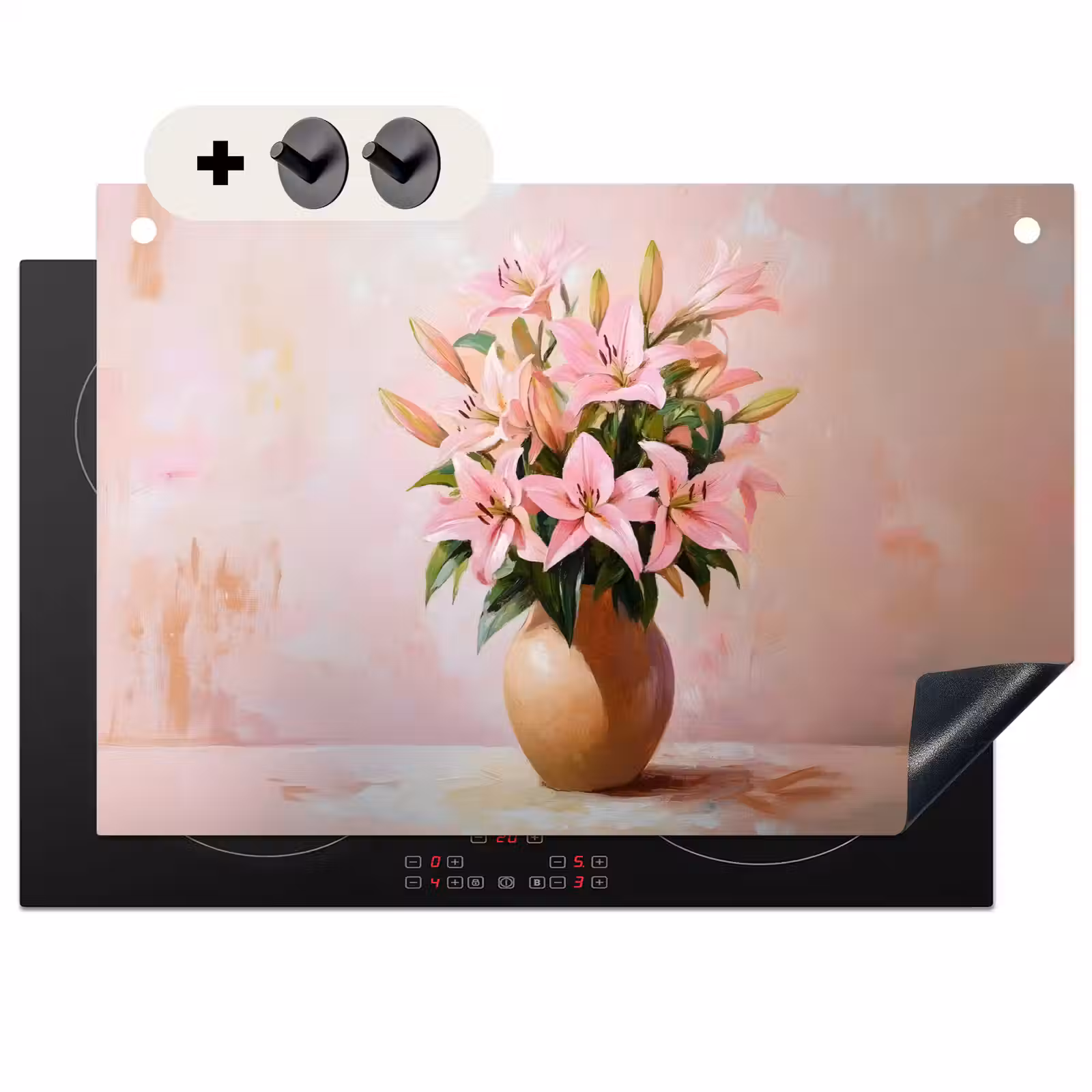 Inductie beschermer en spatscherm (2in1) - Vaas - Bloemen - Roze — 1