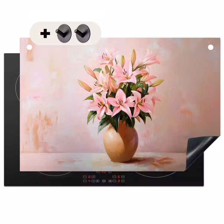 Inductie beschermer en spatscherm (2in1) - Vaas - Bloemen - Roze — 1
