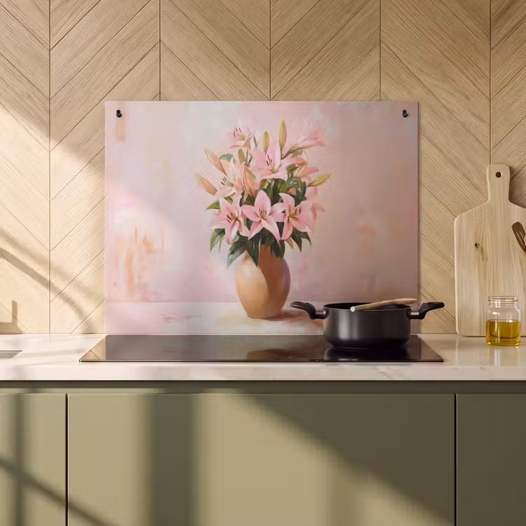 Inductie beschermer en spatscherm (2in1) - Vaas - Bloemen - Roze — 2