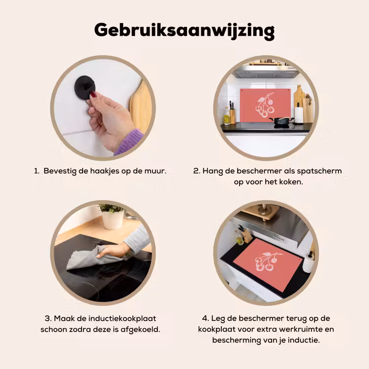 Inductie beschermer en spatscherm (2in1) - Lijnillustratie - Kersen - Tak - Wit — 6