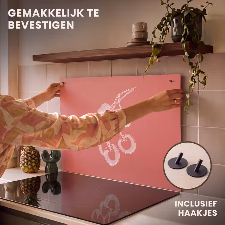 Inductie beschermer en spatscherm (2in1) - Lijnillustratie - Kersen - Tak - Wit — 7