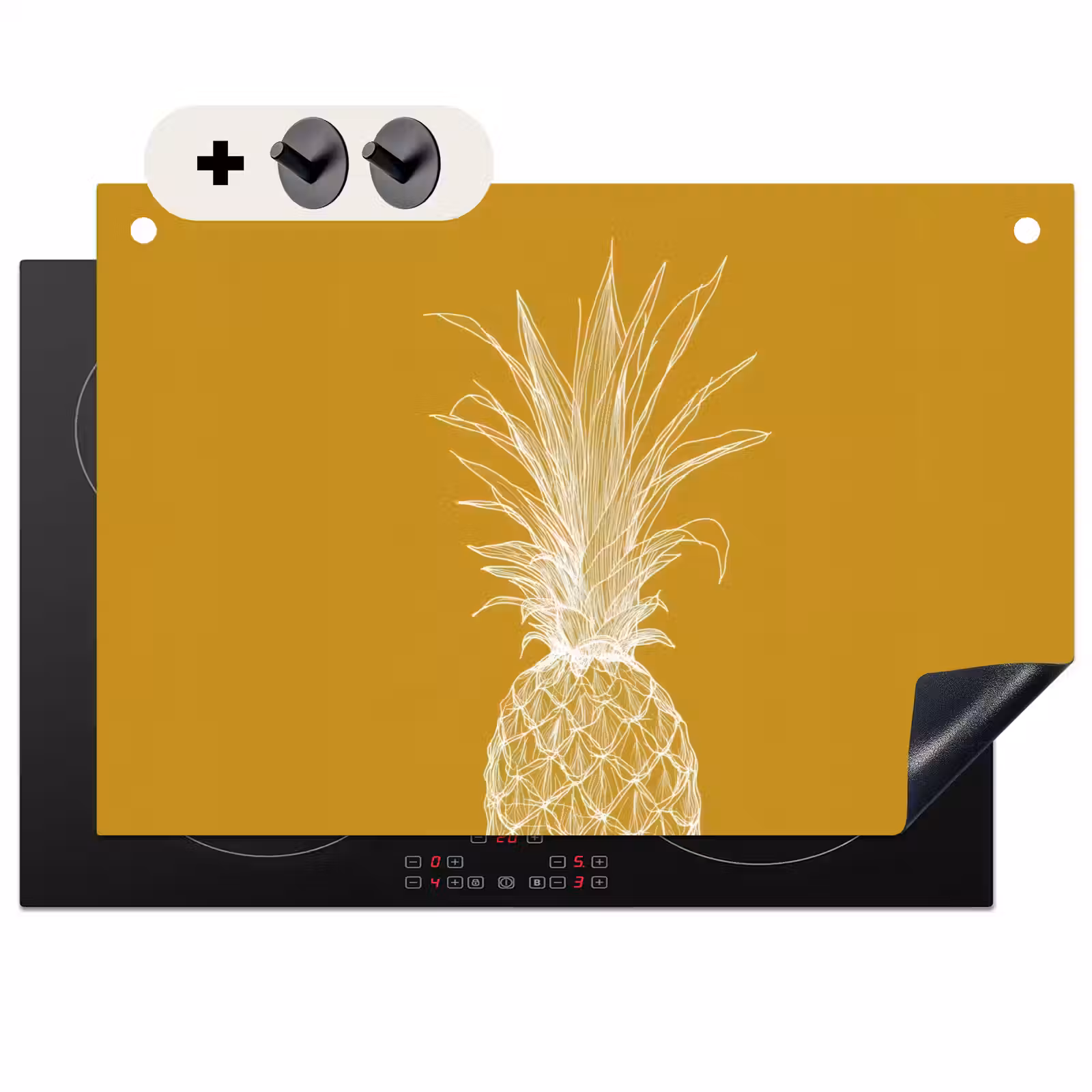 Inductie beschermer en spatscherm (2in1) - Lijnillustratie - Ananas - Bladkroon - Okergeel — 1
