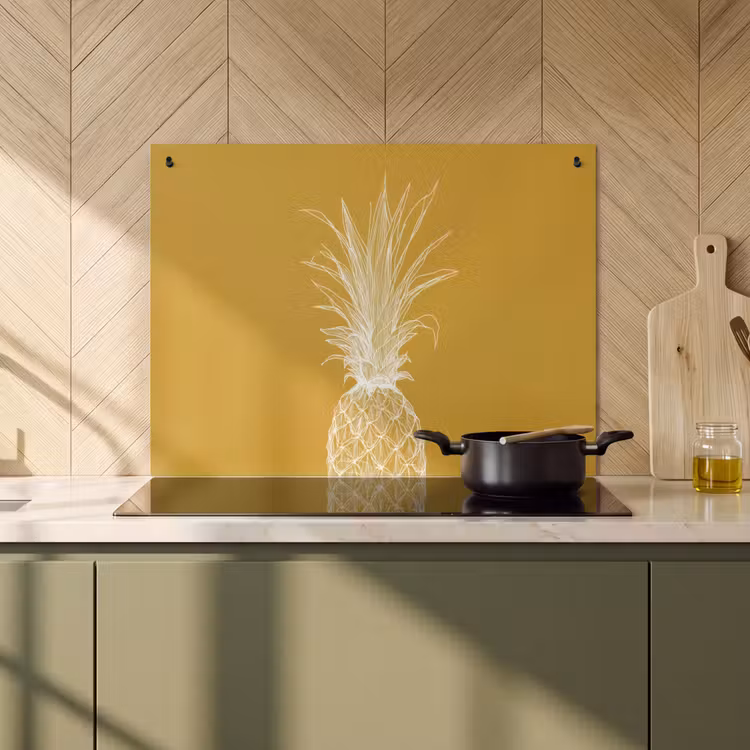 Inductie beschermer en spatscherm (2in1) - Lijnillustratie - Ananas - Bladkroon - Okergeel — 2