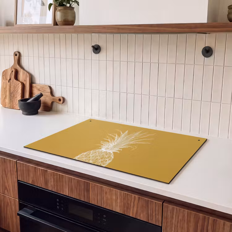 Inductie beschermer en spatscherm (2in1) - Lijnillustratie - Ananas - Bladkroon - Okergeel — 3