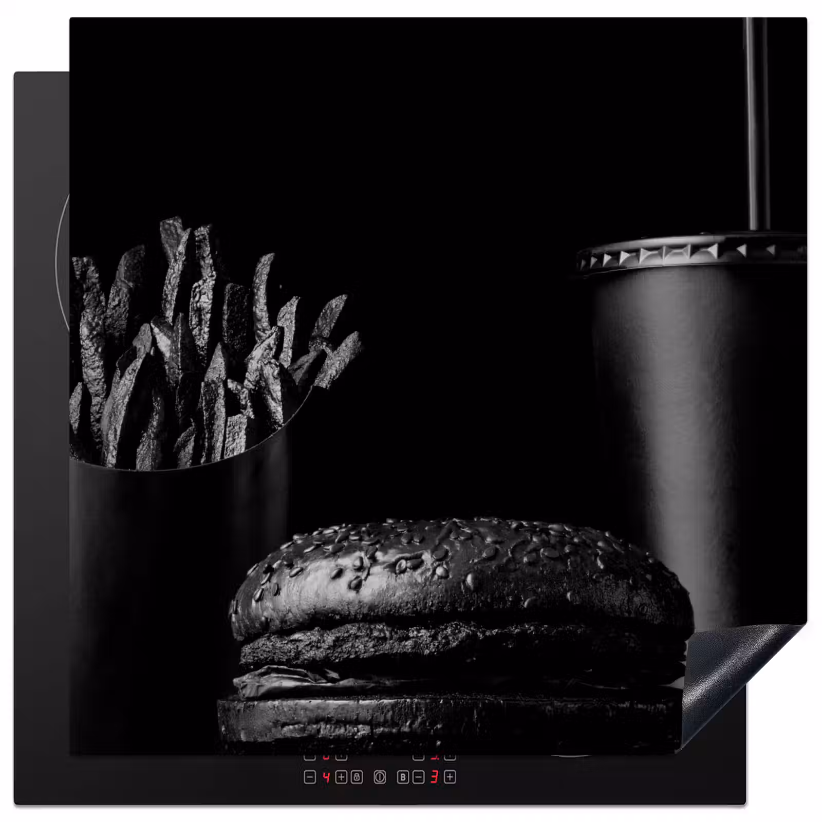 Inductie beschermer - Fastfood maaltijd met een burger en patat in zwart-wit — 1