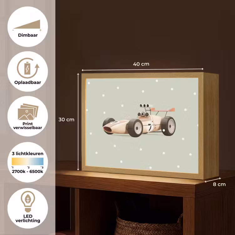 Lightbox - Wandlamp kinderkamer - Beige - Raceauto - Stippen — 9
