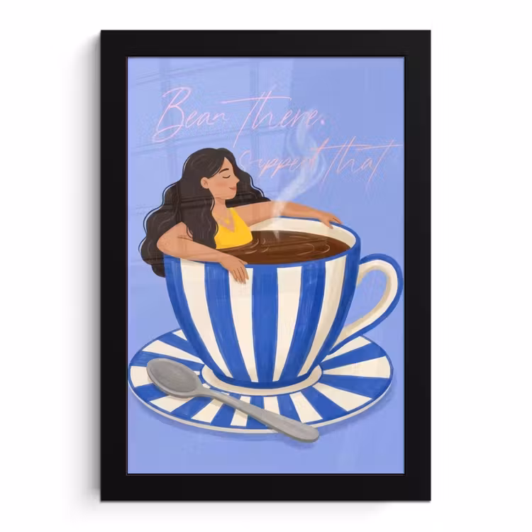 Poster met lijst - Vrouw in Koffiekopje Blauw