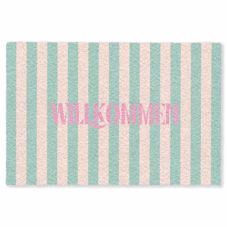 Vloerkleed - Roze - Groen - Strepen - Willkommen — 1