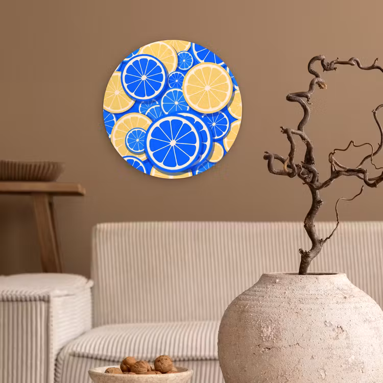 Wandcirkel - Glas - Fruit - Schijven - Patroon - Modern - Blauw - Geel — 2