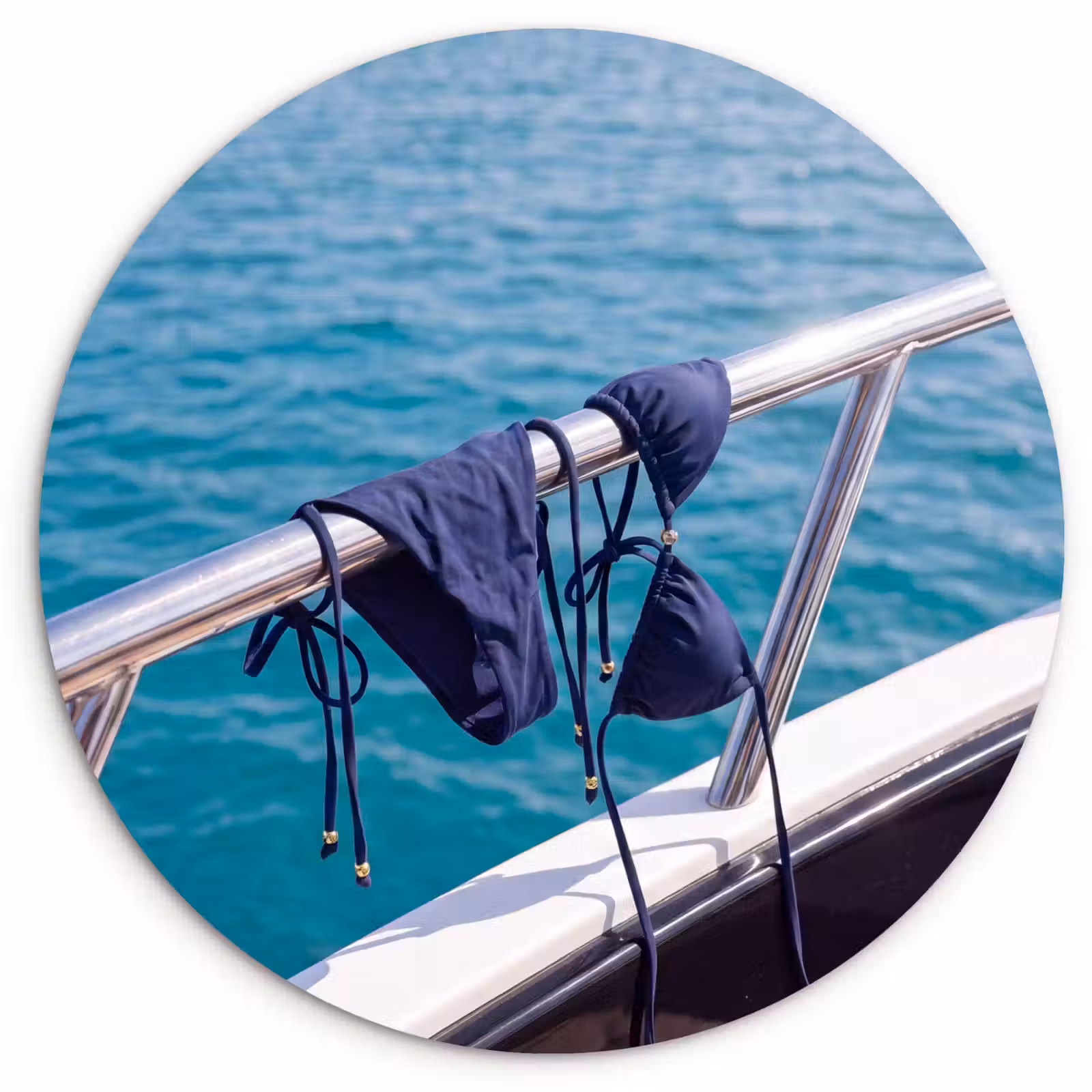 Wandcirkel - Glas - Bikini - Reling - Zee - Zomer - Blauw — 1