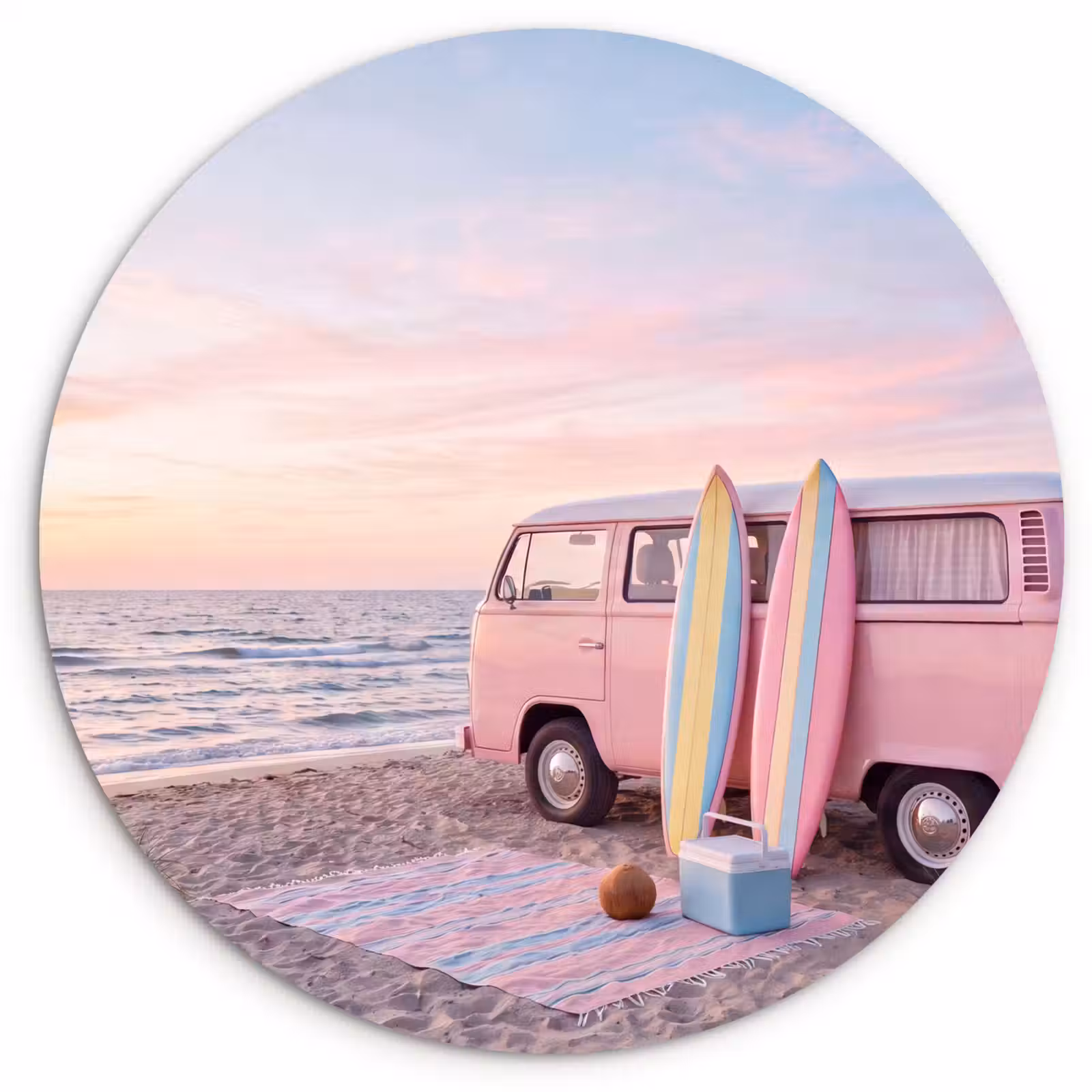 Wandcirkel - Glas - Busje - Strand - Surfplank - Zomer - Roze — 1