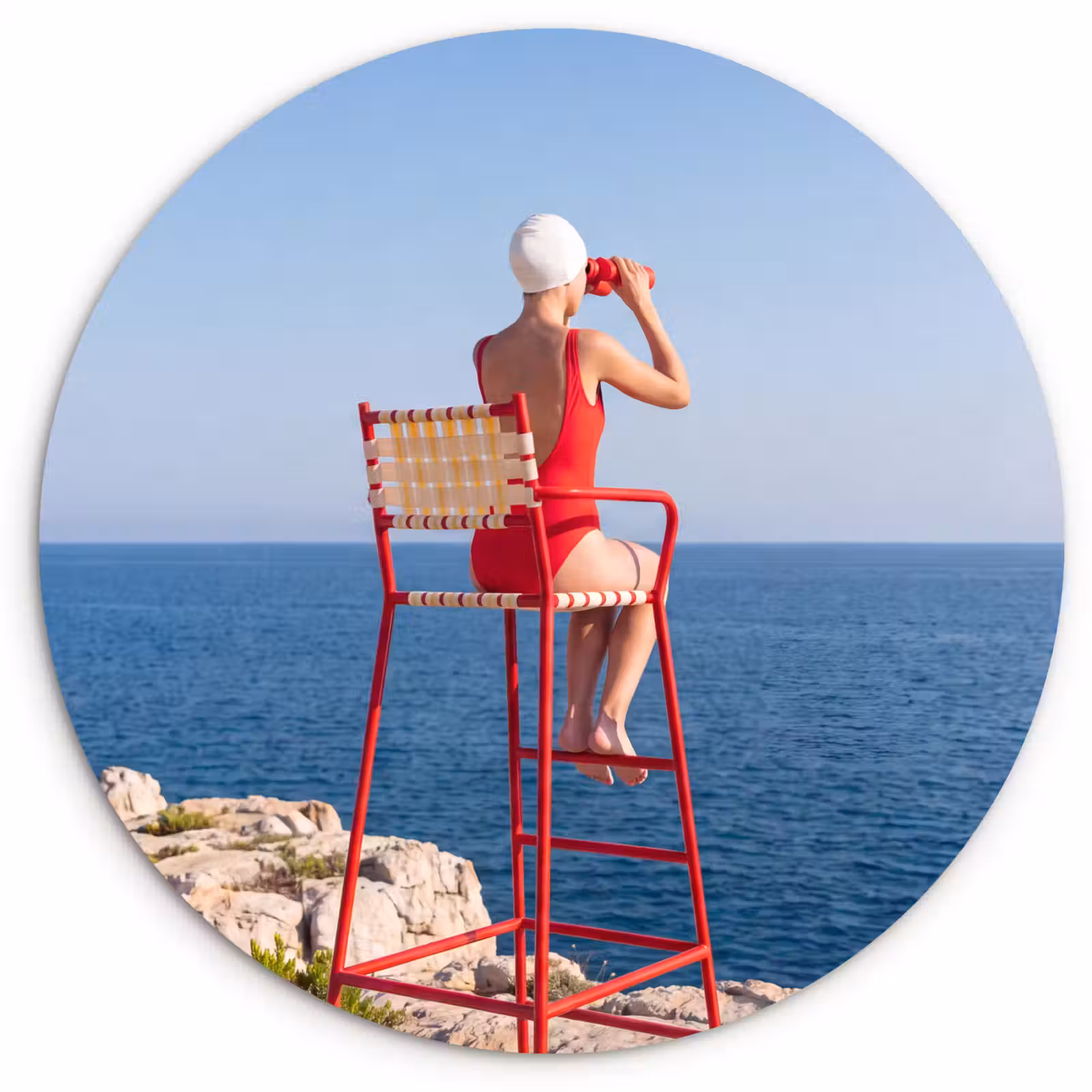 Wandcirkel - Glas - Vrouw - Zee - Kust - Verrekijker - Rood — 1