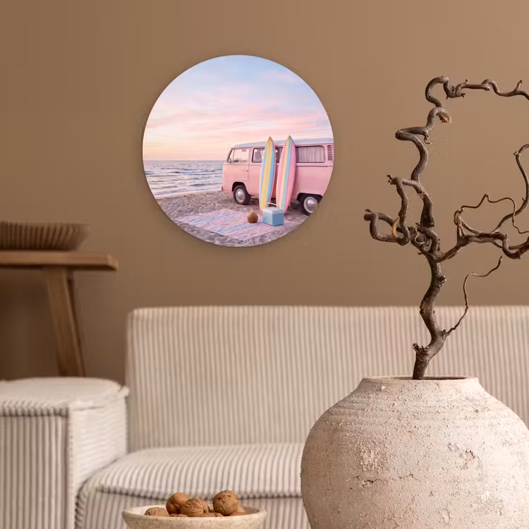 Wandcirkel - Glas - Busje - Strand - Surfplank - Zomer - Roze — 2