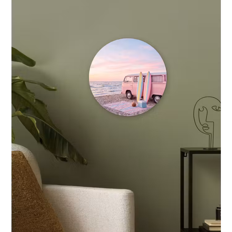 Wandcirkel - Glas - Busje - Strand - Surfplank - Zomer - Roze — 3