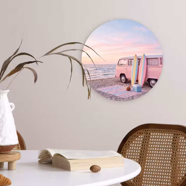 Wandcirkel - Glas - Busje - Strand - Surfplank - Zomer - Roze — 4
