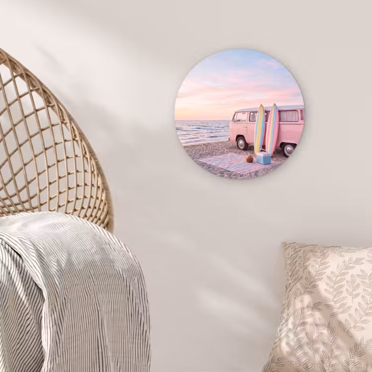 Wandcirkel - Glas - Busje - Strand - Surfplank - Zomer - Roze — 5