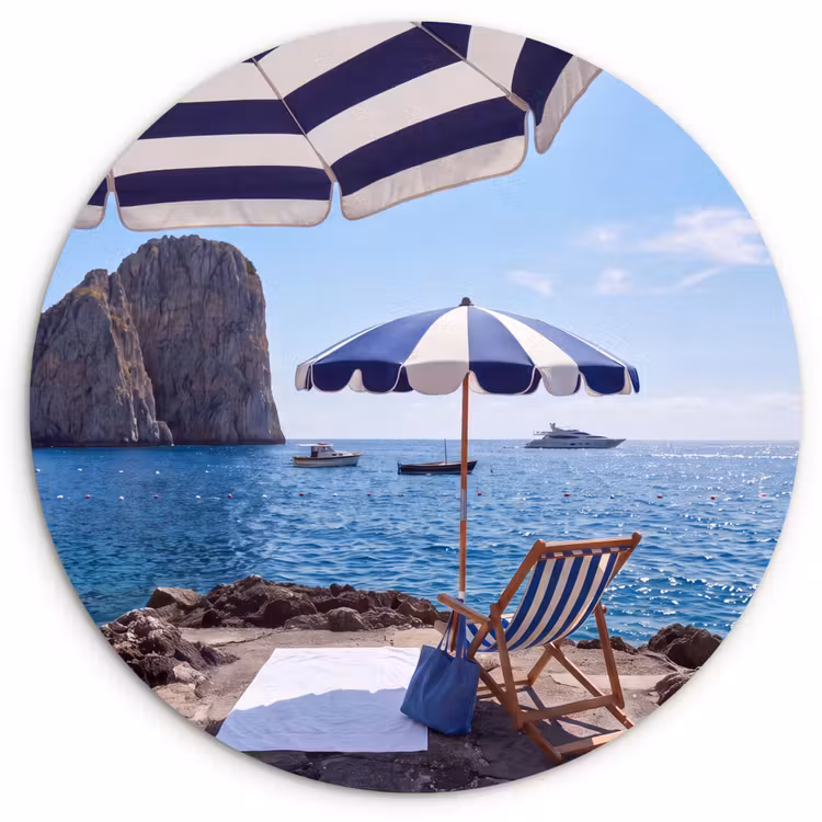 Wandcirkel - Glas - Strand - Ligstoel - Parasol - Zomer - Blauw — 1