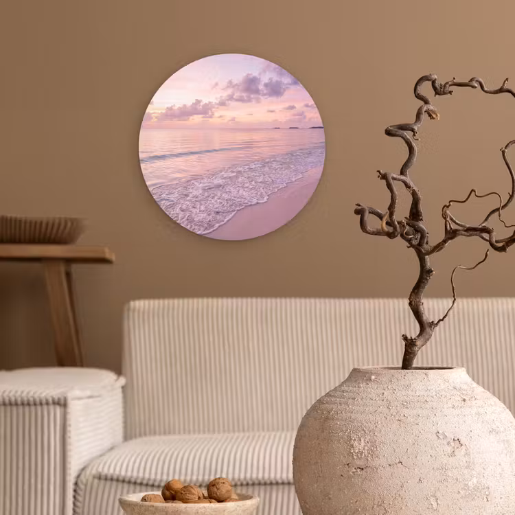Wandcirkel - Glas - Strand - Zonsondergang - Natuur - Minimalistisch - Roze — 2