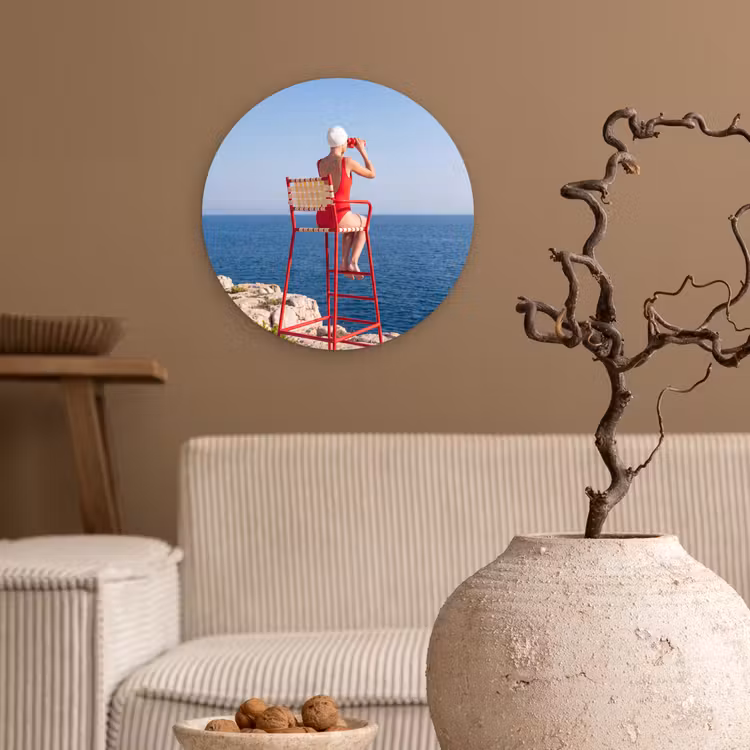 Wandcirkel - Glas - Vrouw - Zee - Kust - Verrekijker - Rood — 2