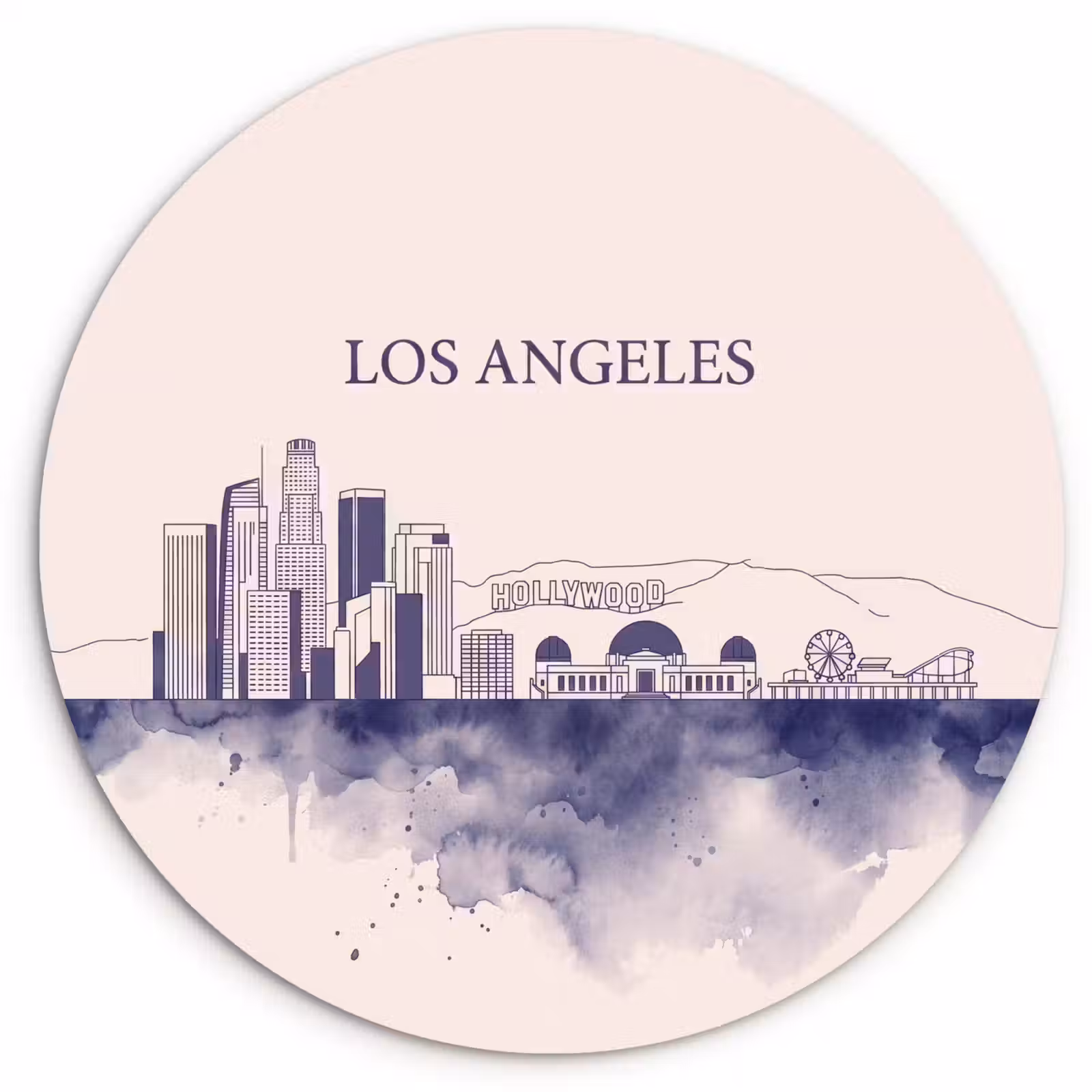 Wandcirkel - Glas - Los Angeles - Skyline - Architectuur - Aquarel - Blauw — 1
