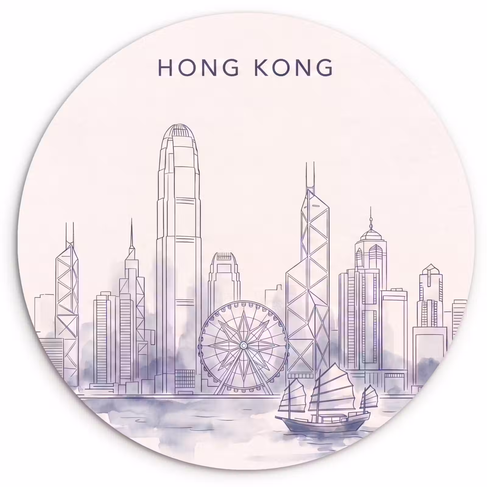 Wandcirkel - Glas - Stad - Skyline - Water - Lijntekening - Blauw — 1