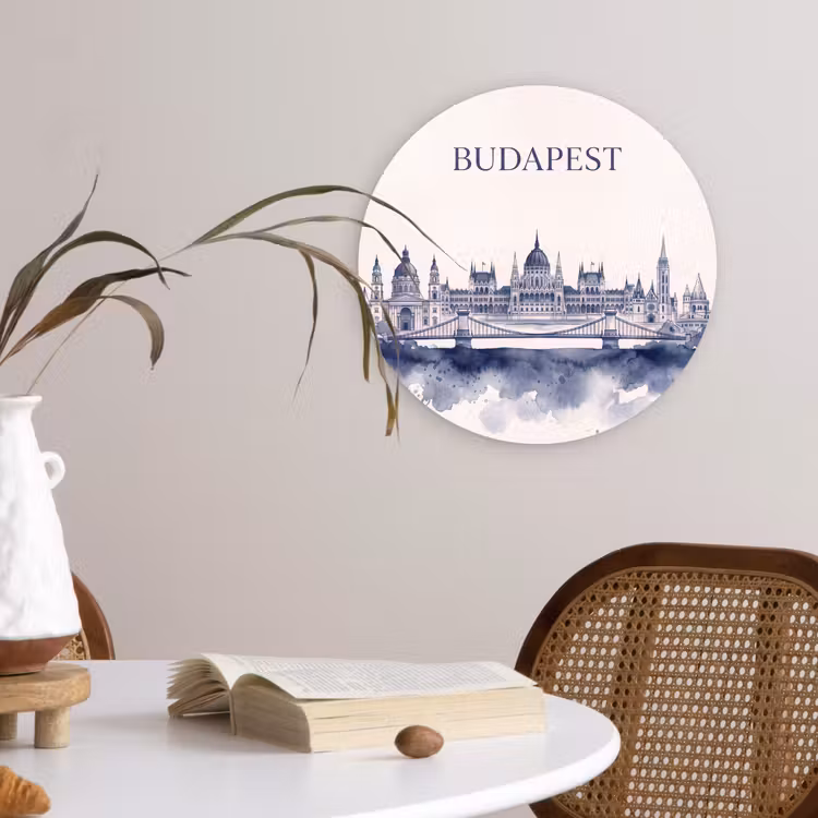 Wandcirkel - Glas - Boedapest - Skyline - Architectuur - Aquarel - Blauw — 4