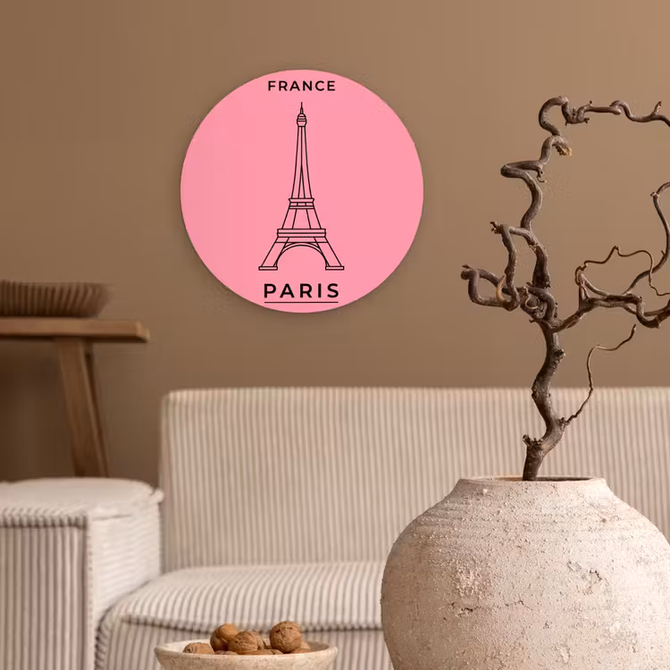 Wandcirkel - Glas - Eiffeltoren - Parijs - Architectuur - Minimalistisch - Roze — 2