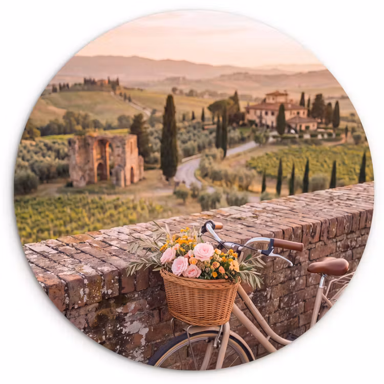 Wandcirkel - Glas - Fiets - Bloemen - Toscane - Landschap - Roze — 1
