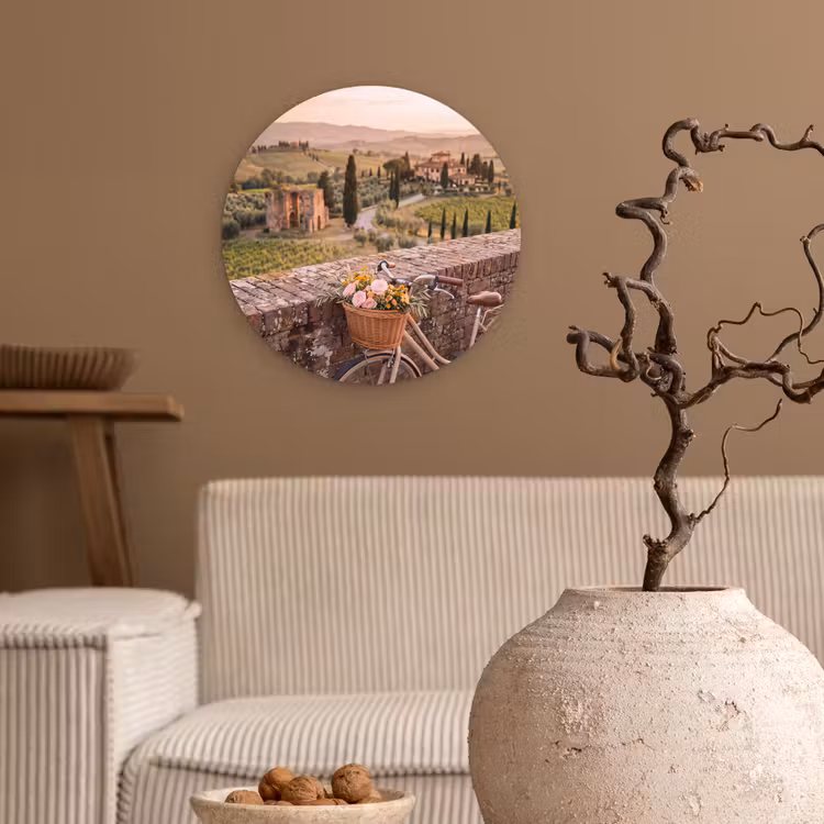 Wandcirkel - Glas - Fiets - Bloemen - Toscane - Landschap - Roze — 2