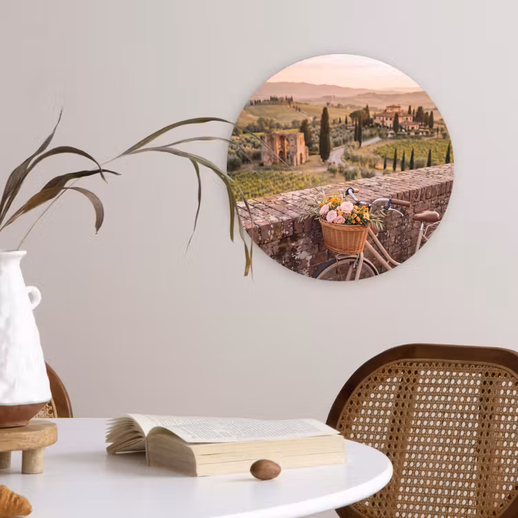 Wandcirkel - Glas - Fiets - Bloemen - Toscane - Landschap - Roze — 4