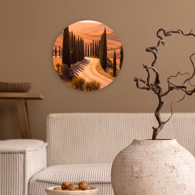 Wandcirkel - Glas - Landschap - Weg - Bomen - Natuur - Goud — 2