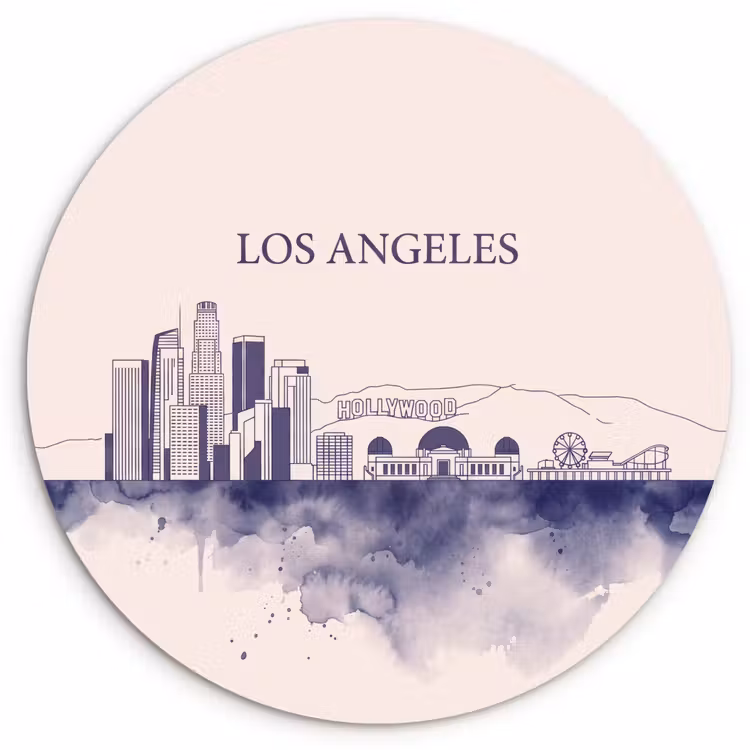 Wandcirkel - Glas - Los Angeles - Skyline - Architectuur - Aquarel - Blauw — 1