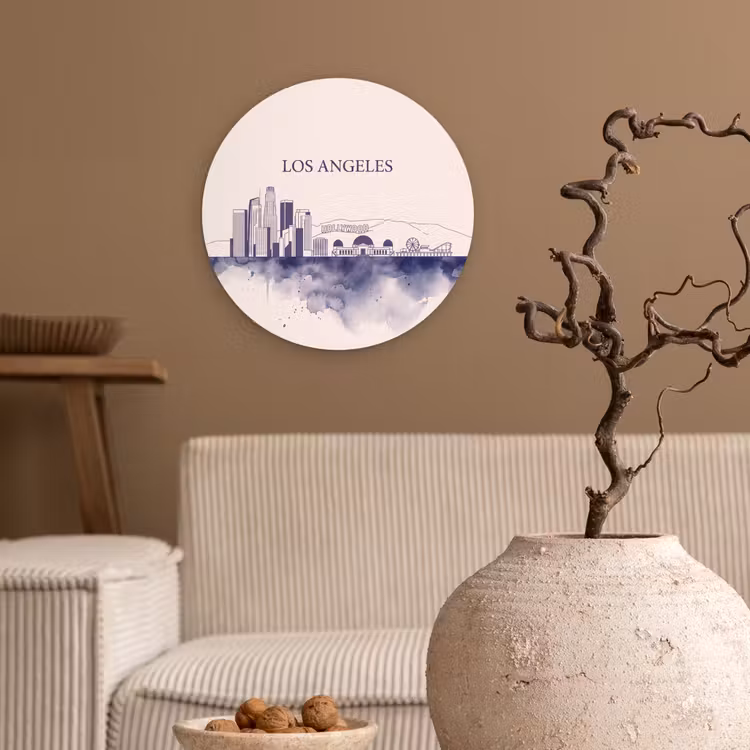 Wandcirkel - Glas - Los Angeles - Skyline - Architectuur - Aquarel - Blauw — 2