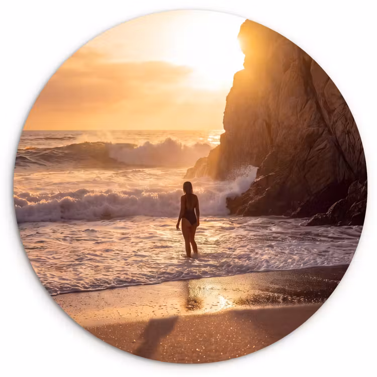 Wandcirkel - Glas - Mensen - Oceaan - Zonsondergang - Kust - Goud — 1