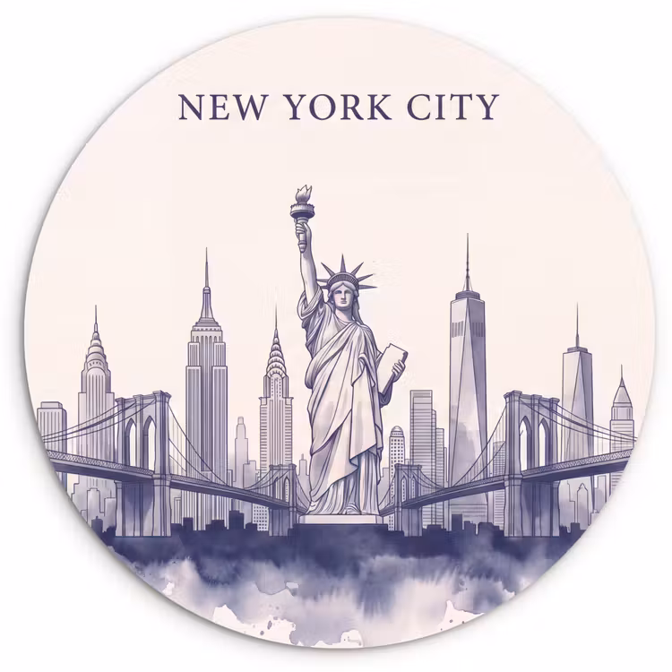 Wandcirkel - Glas - New York - Vrijheidsbeeld - Skyline - Illustratie - Blauw — 1
