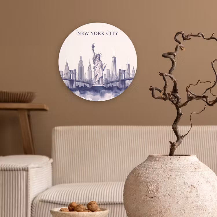 Wandcirkel - Glas - New York - Vrijheidsbeeld - Skyline - Illustratie - Blauw — 2