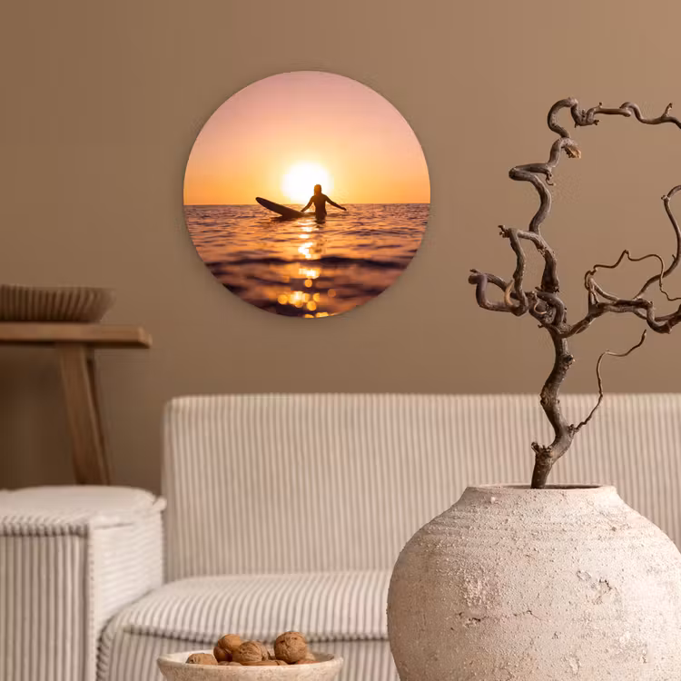 Wandcirkel - Glas - Persoon - Surfen - Zonsondergang - Zee - Oranje — 2