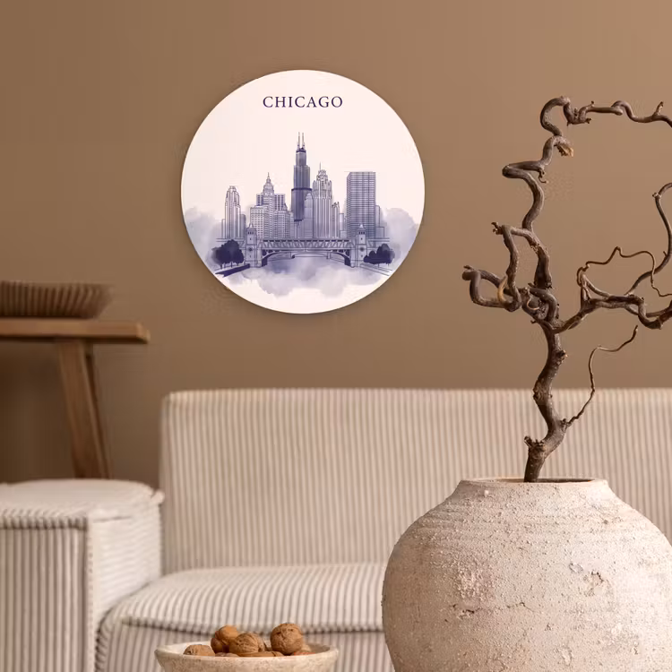 Wandcirkel - Glas - Stad - Skyline - Architectuur - Lijntekening - Blauw — 2