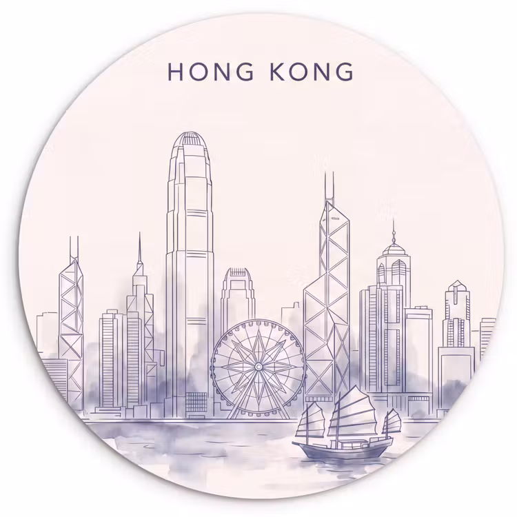 Wandcirkel - Glas - Stad - Skyline - Water - Lijntekening - Blauw — 1