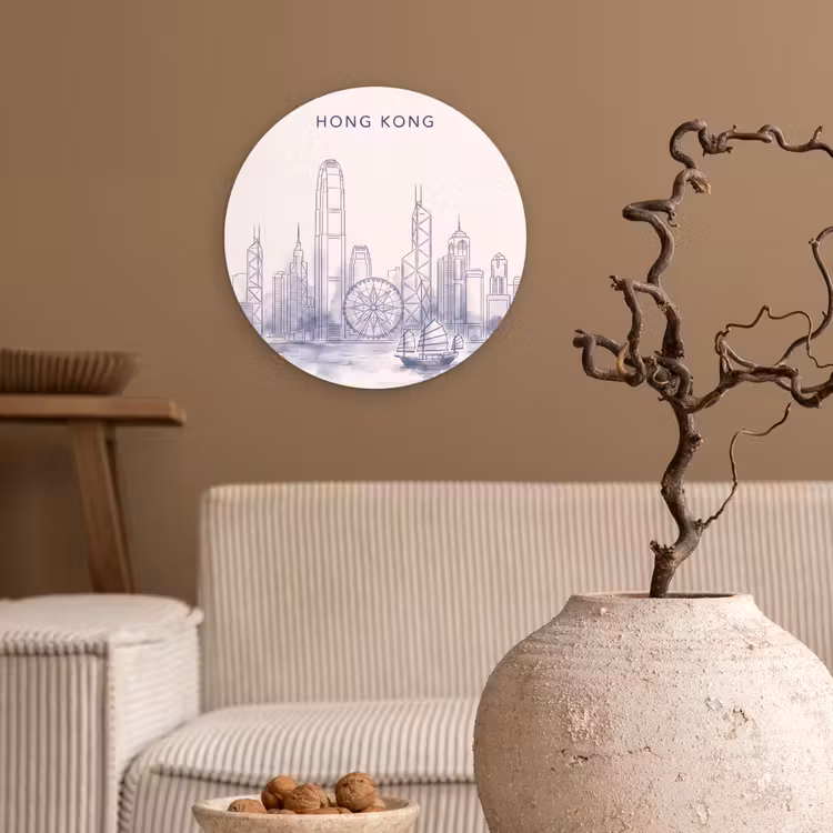 Wandcirkel - Glas - Stad - Skyline - Water - Lijntekening - Blauw — 2